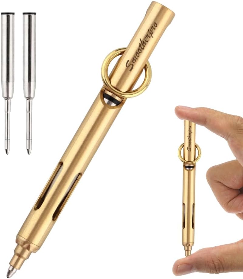 SMOOTHERPRO Mini Pen, Brass EDC Pocket Pen with Keychain, 80mm in Lenth Small for Travel, Wallet, Includes 2 Refill Cartridges - Natural - Image 1